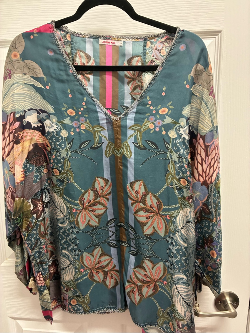 Johnny Was Teal Multicolor Floral V-Neck Blouse